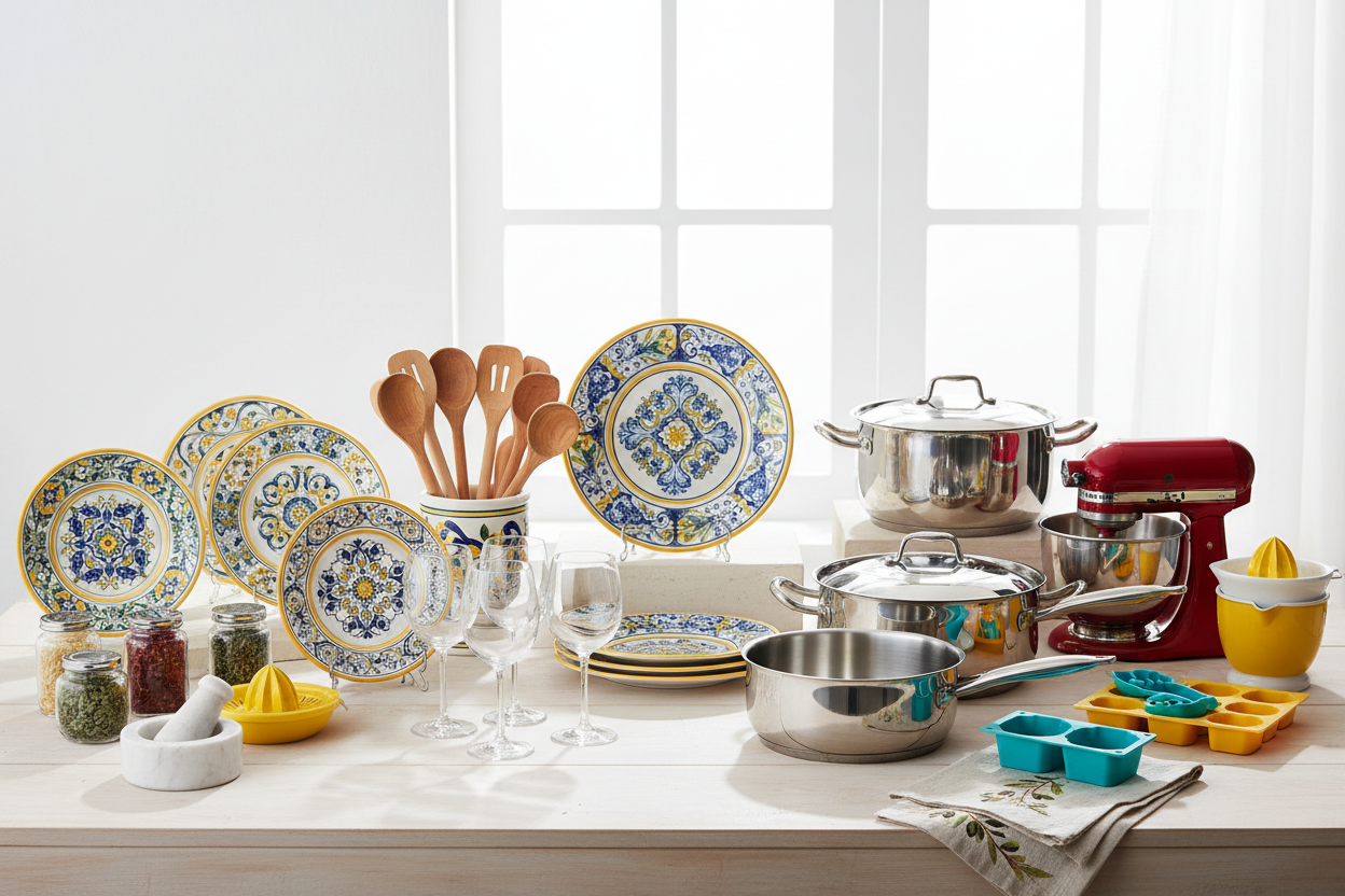 Oggetti da cucina: pentole, bicchieri, piatti e altro.